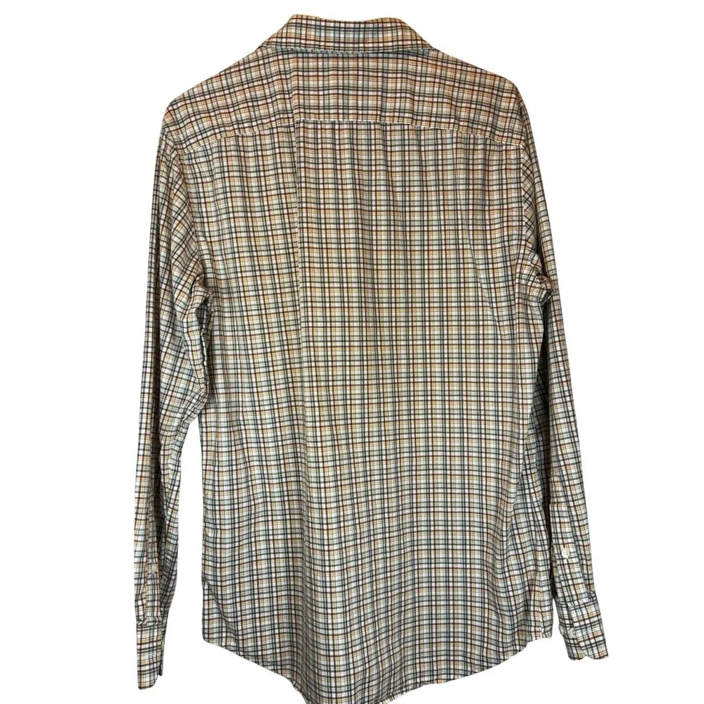 Banana Republic Mens Medium Button Up Shirt Tan Plaid Soft Wash Stretch Slim Fit